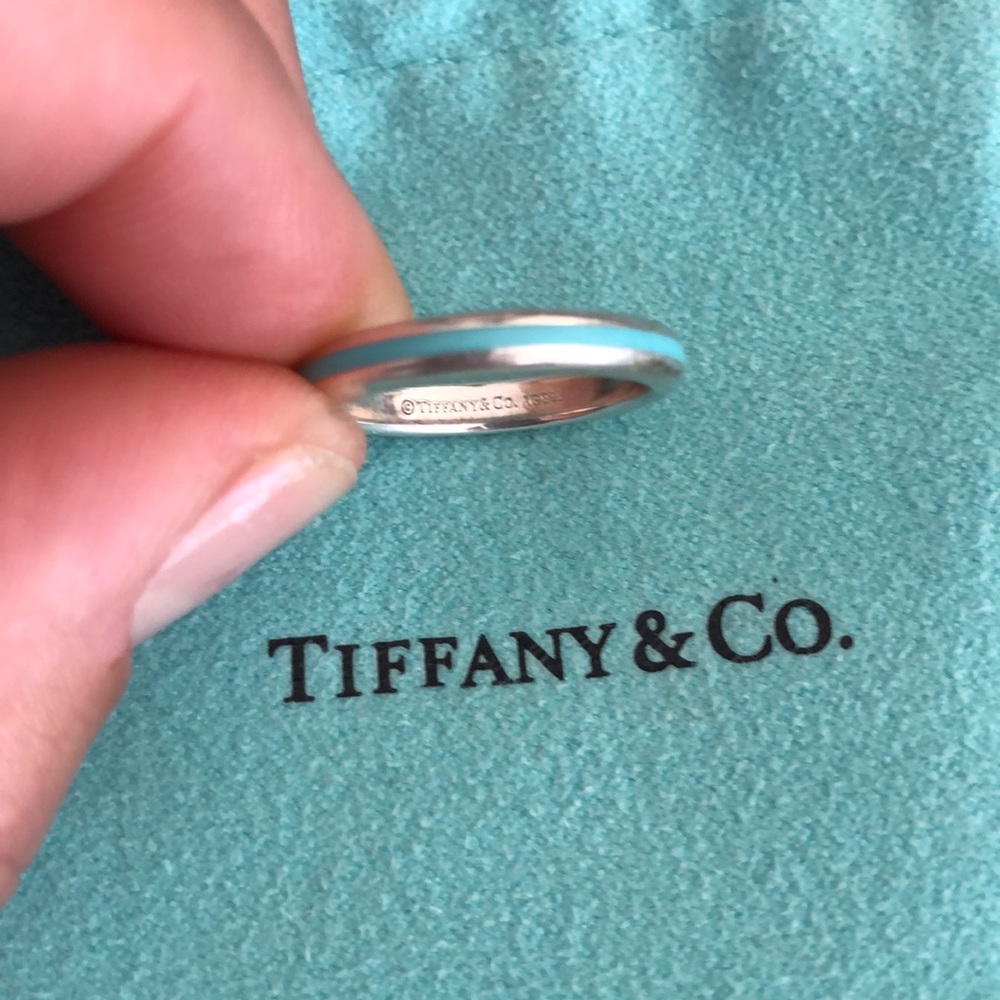 Tiffany and Co. Blue Enamel Stripe Silver Ring